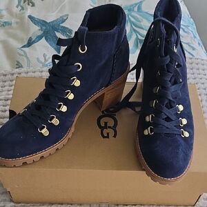 Navy Suede Lace-Up Block Heel Booties